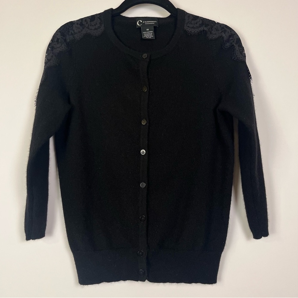 C by Bloomingdale’s Cashmere Cardigan w/ Lace Sleeves - Black XS